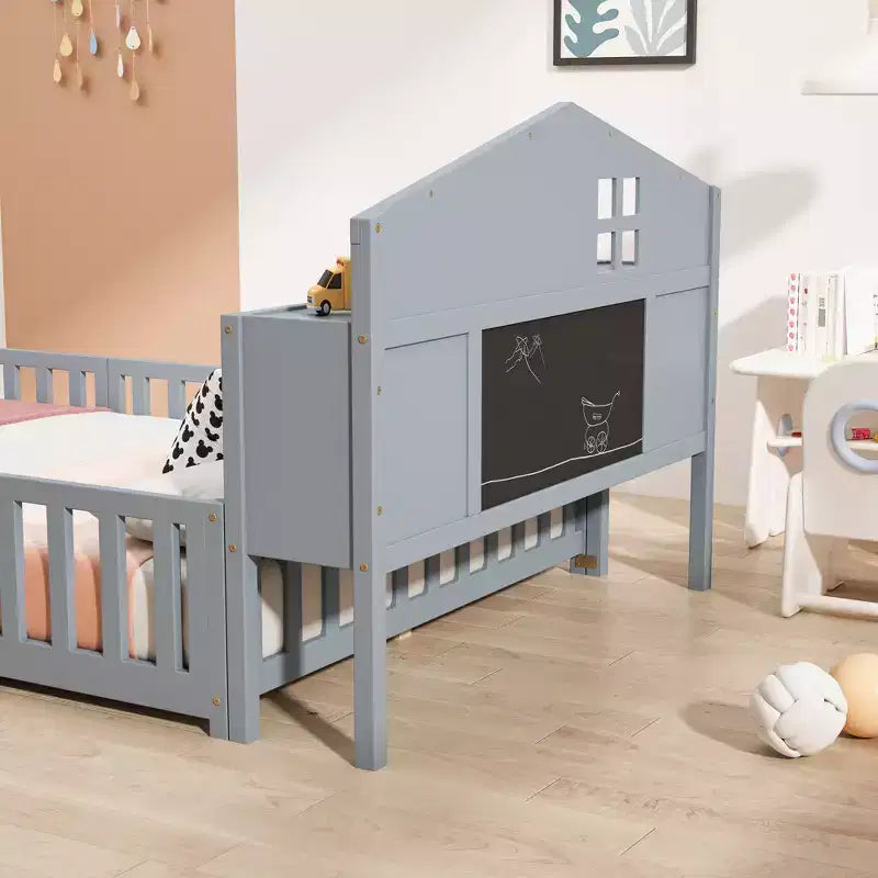 Full Size Montessori Floor Bed with Bookcases, Blackboards and Storage Headboard, Grey