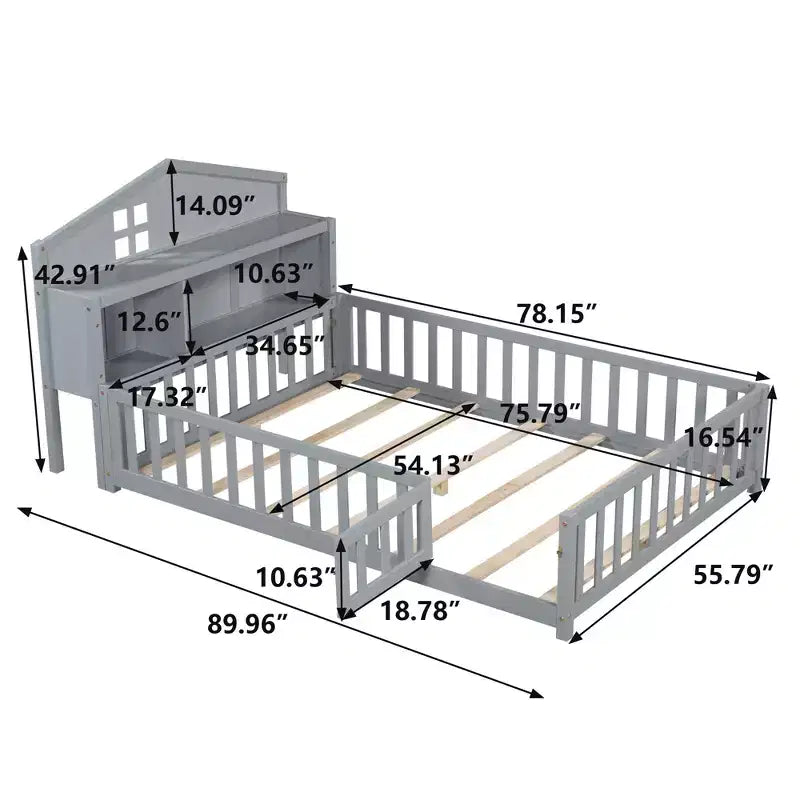 Full Size Montessori Floor Bed with Bookcases, Blackboards and Storage Headboard, Grey