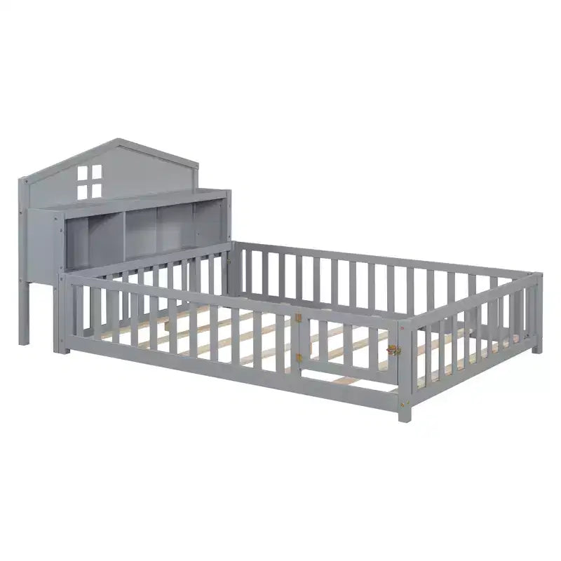 Full Size Montessori Floor Bed with Bookcases, Blackboards and Storage Headboard, Grey