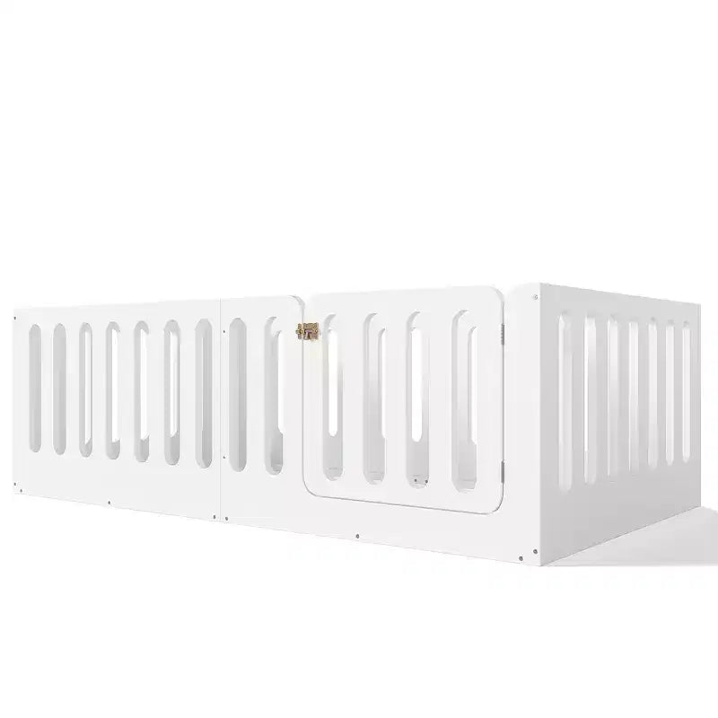 Twin Size Montessori Floor Bed with High Fence and Door, Solid Wood Kids Bed, Low Profile Design, White