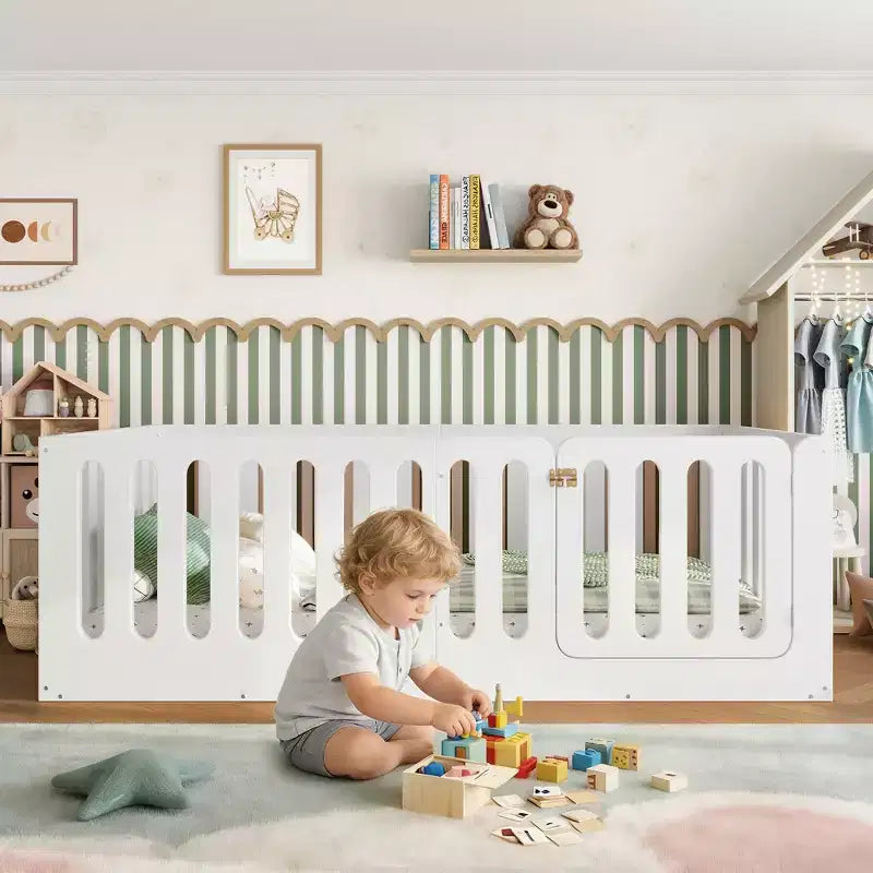 Twin Size Montessori Floor Bed with High Fence and Door, Solid Wood Kids Bed, Low Profile Design, White