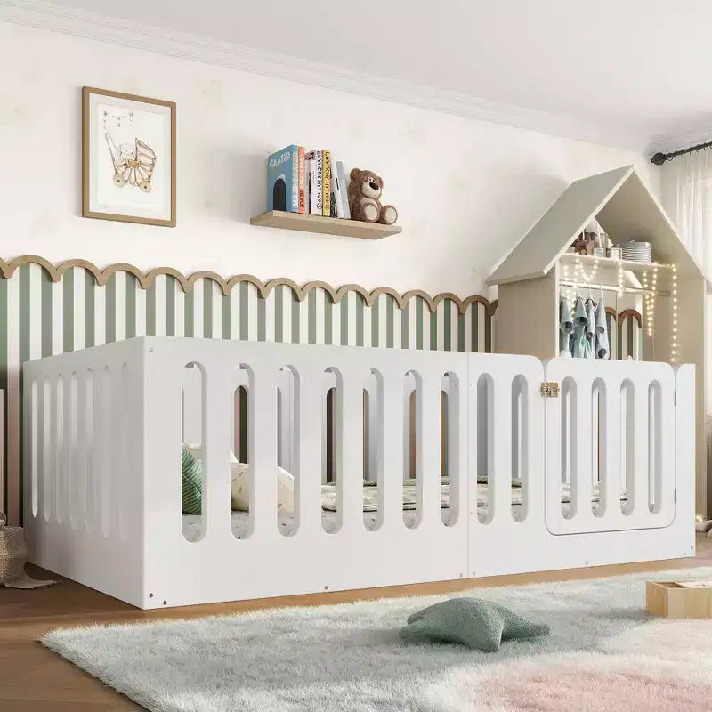 Twin Size Montessori Floor Bed with High Fence and Door, Solid Wood Kids Bed, Low Profile Design, White