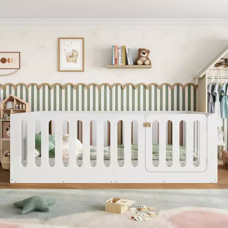 Twin Size Montessori Floor Bed with High Fence and Door, Solid Wood Kids Bed, Low Profile Design, White