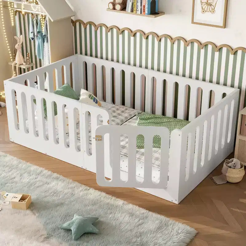 Twin Size Montessori Floor Bed with High Fence and Door, Solid Wood Kids Bed, Low Profile Design, White