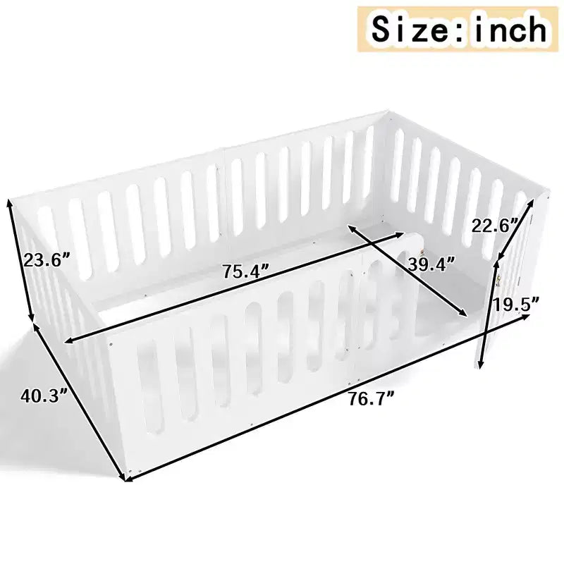 Twin Size Montessori Floor Bed with High Fence and Door, Solid Wood Kids Bed, Low Profile Design, White