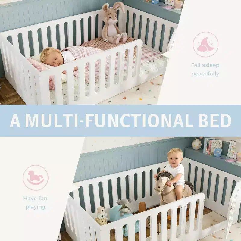 Twin Size Montessori Floor Bed with High Fence and Door, Solid Wood Kids Bed, Low Profile Design, White