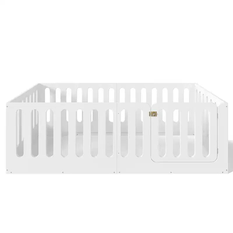 Twin Size Montessori Floor Bed with High Fence and Door, Solid Wood Kids Bed, Low Profile Design, White