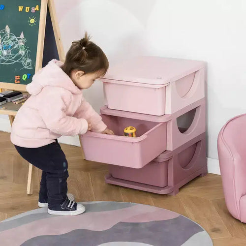 Organisateur de rangement à jouets à 3 niveaux pour enfants avec 3 tiroirs amovibles Rose