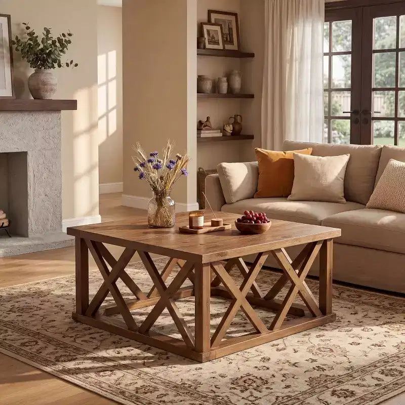Lantine Solid Wood Coffee Table, 39.37-Inch Square Farmhouse Center Table with Reinforced X-Frame for Living Room, Apartment, Office