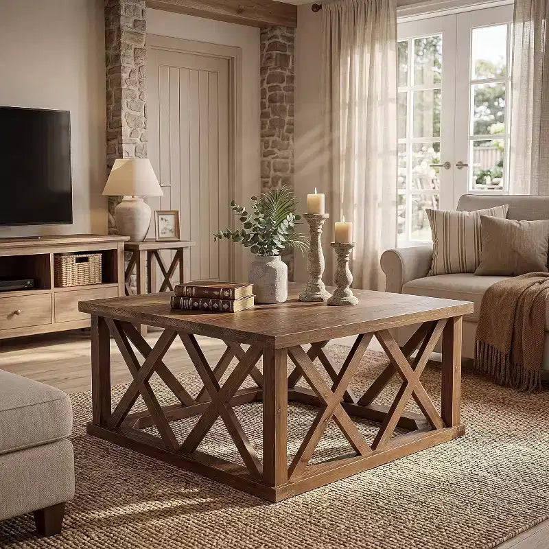 Lantine Solid Wood Coffee Table, 39.37-Inch Square Farmhouse Center Table with Reinforced X-Frame for Living Room, Apartment, Office