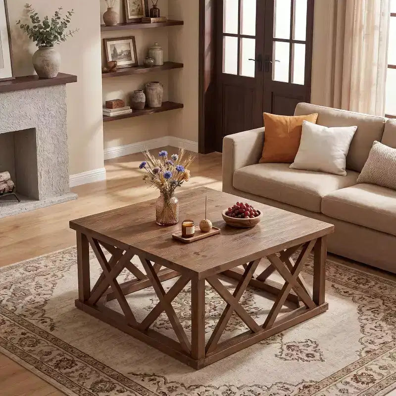 Lantine Solid Wood Coffee Table, 39.37-Inch Square Farmhouse Center Table with Reinforced X-Frame for Living Room, Apartment, Office
