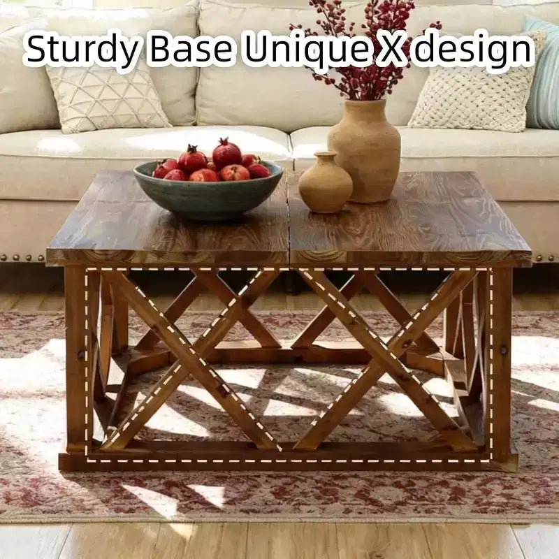 Lantine Solid Wood Coffee Table, 39.37-Inch Square Farmhouse Center Table with Reinforced X-Frame for Living Room, Apartment, Office