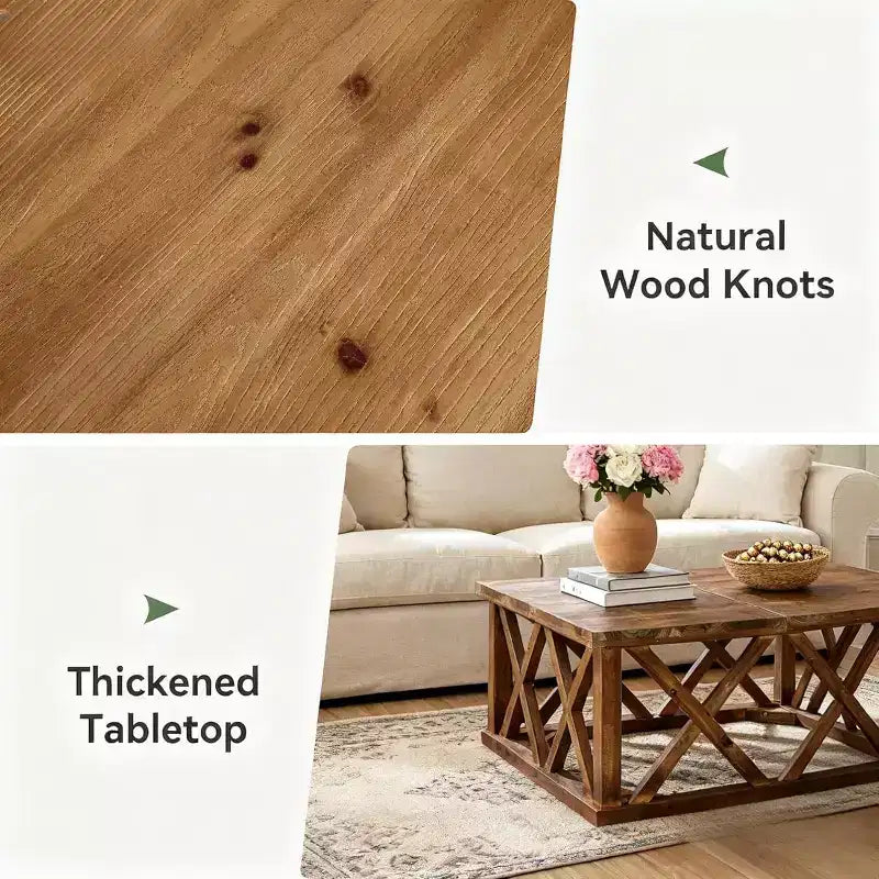 Lantine Solid Wood Coffee Table, 39.37-Inch Square Farmhouse Center Table with Reinforced X-Frame for Living Room, Apartment, Office