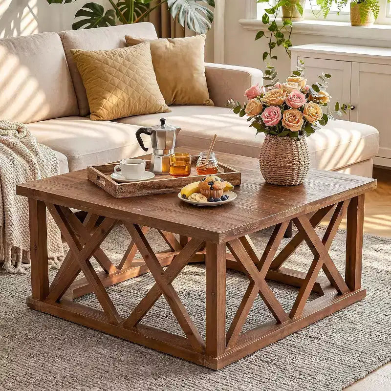Lantine Solid Wood Coffee Table, 39.37-Inch Square Farmhouse Center Table with Reinforced X-Frame for Living Room, Apartment, Office