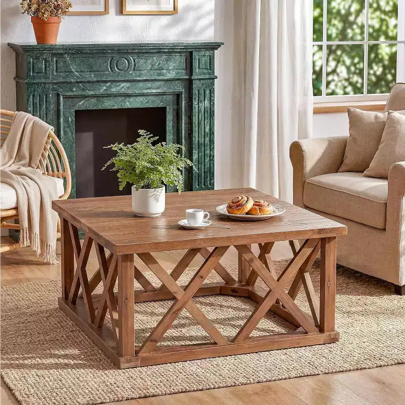 Lantine Solid Wood Coffee Table, 39.37-Inch Square Farmhouse Center Table with Reinforced X-Frame for Living Room, Apartment, Office