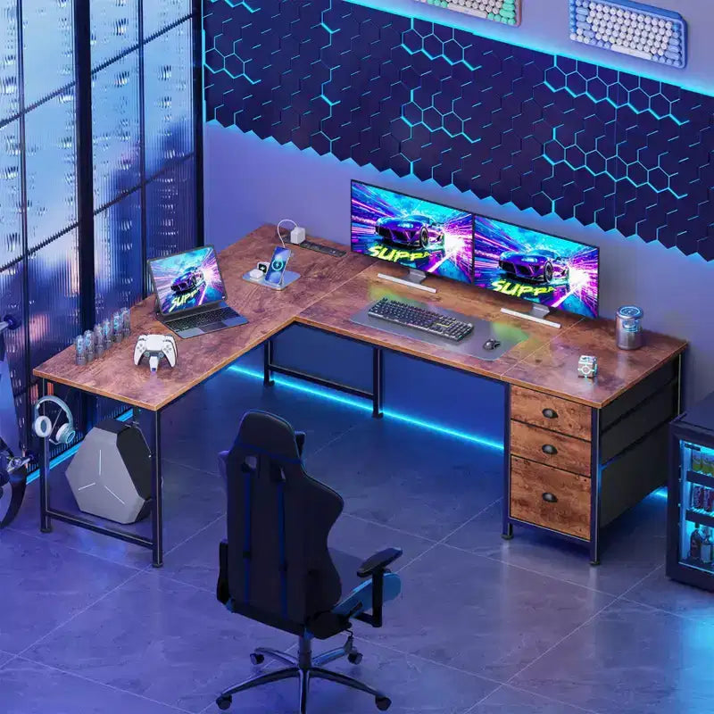 Qwatto Brown 63 Inch L Shaped Corner Computer Desk with Power Outlets and USB C Ports File Fabric Drawers Storage Workstation for Home Office Rooms