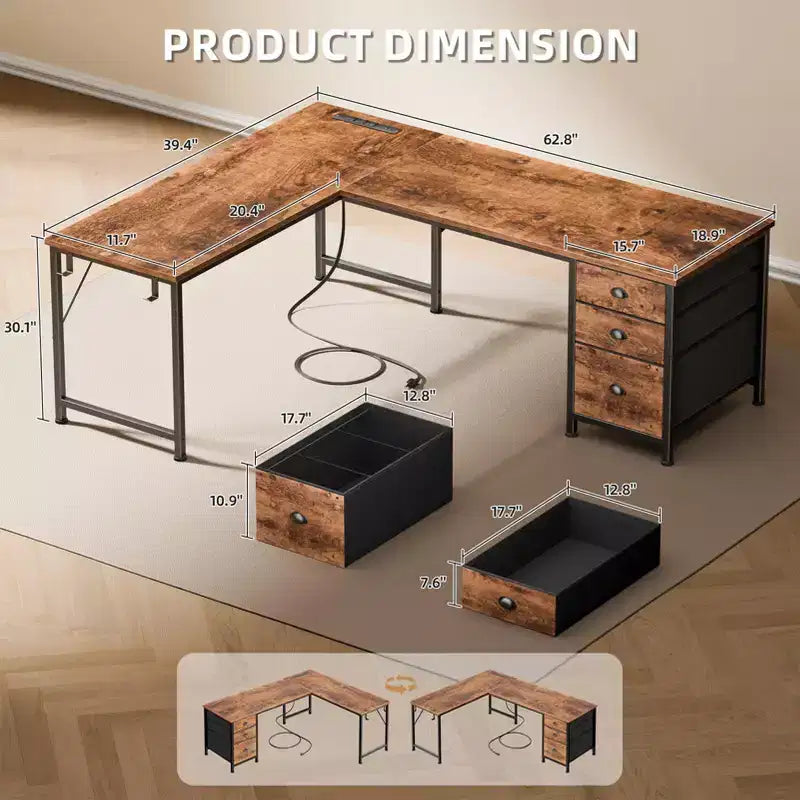 Qwatto Brown 63 Inch L Shaped Corner Computer Desk with Power Outlets and USB C Ports File Fabric Drawers Storage Workstation for Home Office Rooms