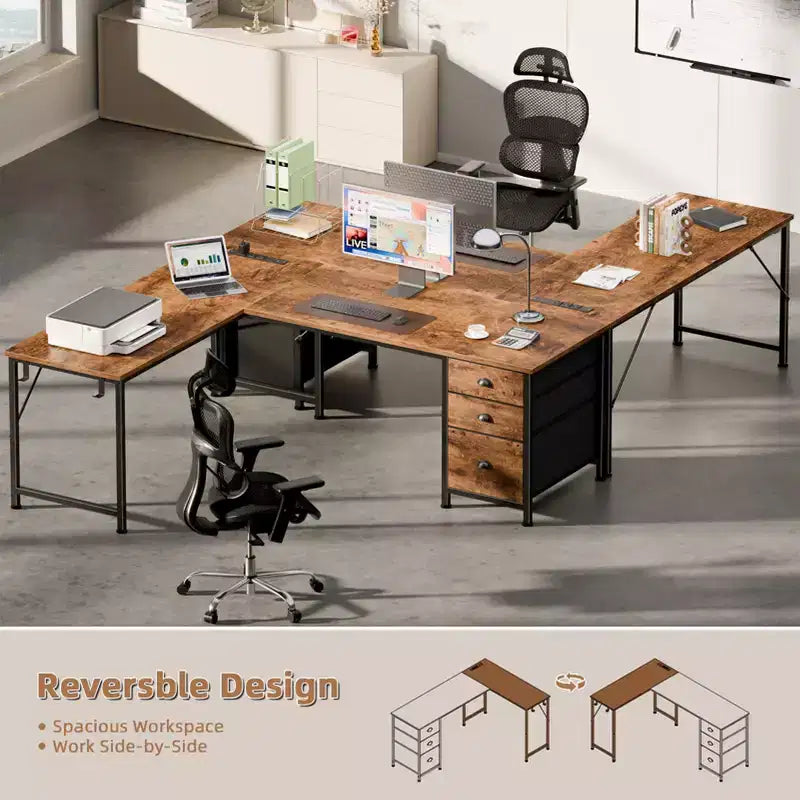 Qwatto Brown 63 Inch L Shaped Corner Computer Desk with Power Outlets and USB C Ports File Fabric Drawers Storage Workstation for Home Office Rooms