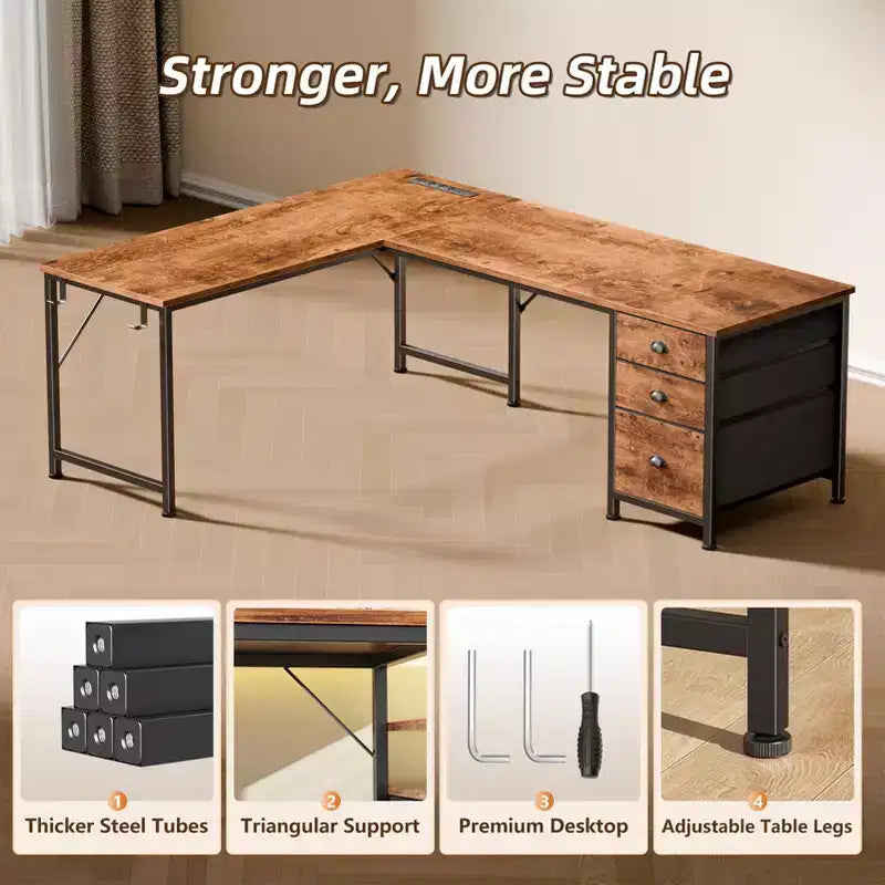 Qwatto Brown 63 Inch L Shaped Corner Computer Desk with Power Outlets and USB C Ports File Fabric Drawers Storage Workstation for Home Office Rooms