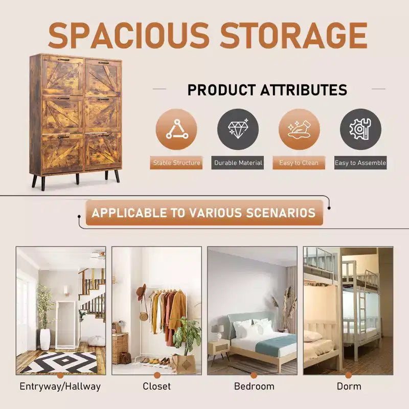 Karl Home Wooden 6 Flip Drawers Shoe Cabinet