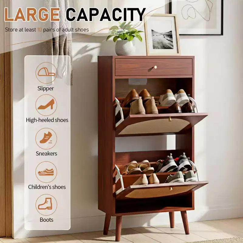 Karl Home Rattan Panel 1 Drawer 2 Flip-Drawer Shoe Cabinet Particleboard 21.26 W