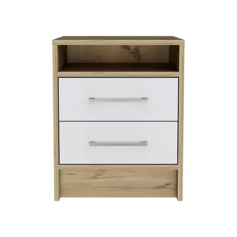 This Eter Nightstand , End Table, Side Table Superior Top, Two Drawers -White / Light Oak combines contemporary style with smart storage.