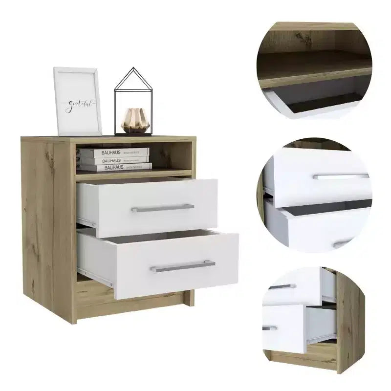 This Eter Nightstand , End Table, Side Table Superior Top, Two Drawers -White / Light Oak combines contemporary style with smart storage.