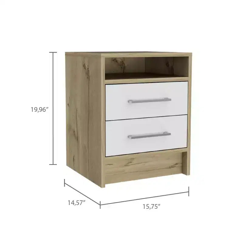 This Eter Nightstand , End Table, Side Table Superior Top, Two Drawers -White / Light Oak combines contemporary style with smart storage.