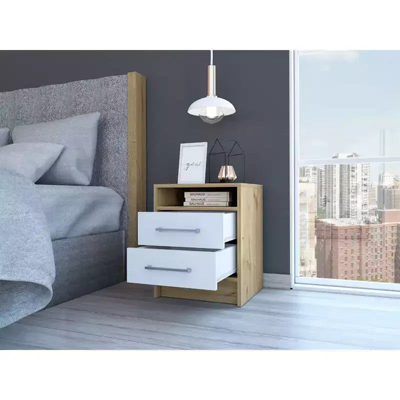 This Eter Nightstand , End Table, Side Table Superior Top, Two Drawers -White / Light Oak combines contemporary style with smart storage.