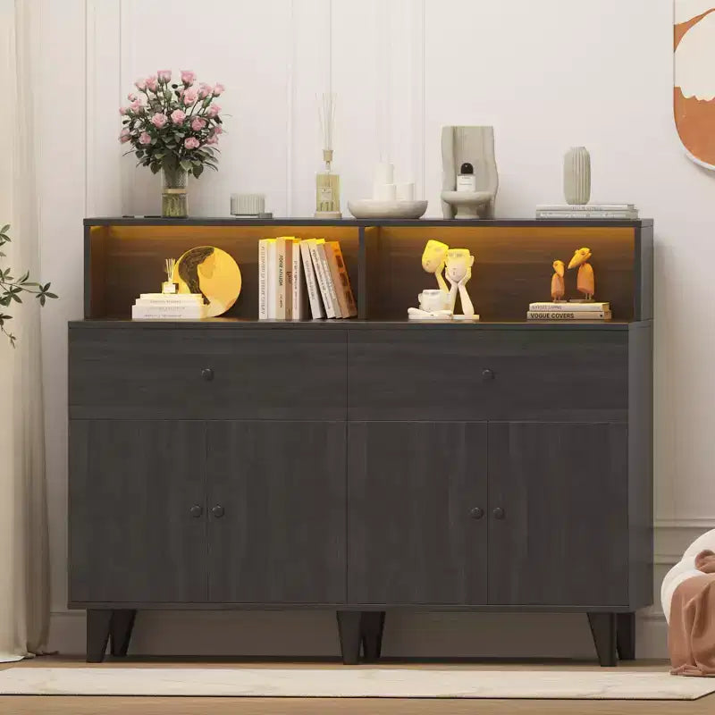 Meuble de rangement de 130 cm avec étagères réglables, buffet de bar à café en bois avec tiroirs, armoire de garde-manger autoportante pour cuisine ou salle à manger