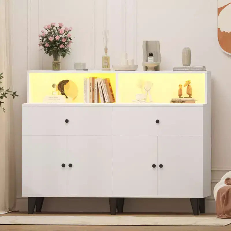 Meuble de rangement de 130 cm avec étagères réglables, buffet de bar à café en bois avec tiroirs, armoire de garde-manger autoportante pour cuisine ou salle à manger