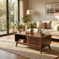 GDFStudio Bogdan Modern Wooden Lift Top Coffee Table with Slatted Sliding Door and Hidden Storage