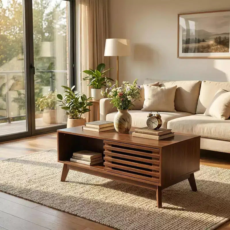 GDFStudio Bogdan Modern Wooden Lift Top Coffee Table with Slatted Sliding Door and Hidden Storage