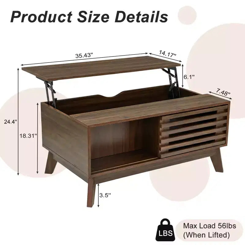 GDFStudio Bogdan Modern Wooden Lift Top Coffee Table with Slatted Sliding Door and Hidden Storage