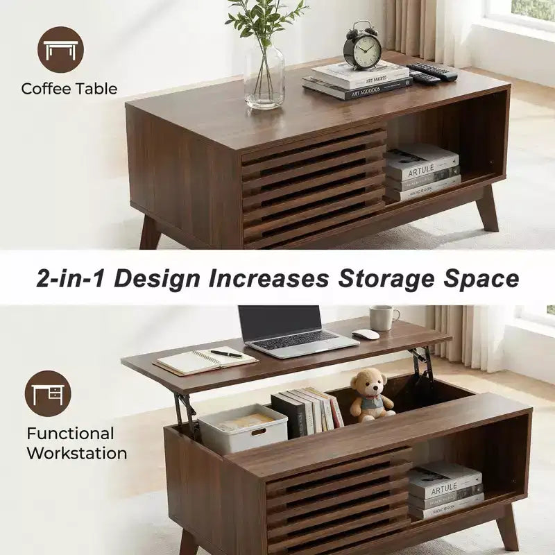 GDFStudio Bogdan Modern Wooden Lift Top Coffee Table with Slatted Sliding Door and Hidden Storage
