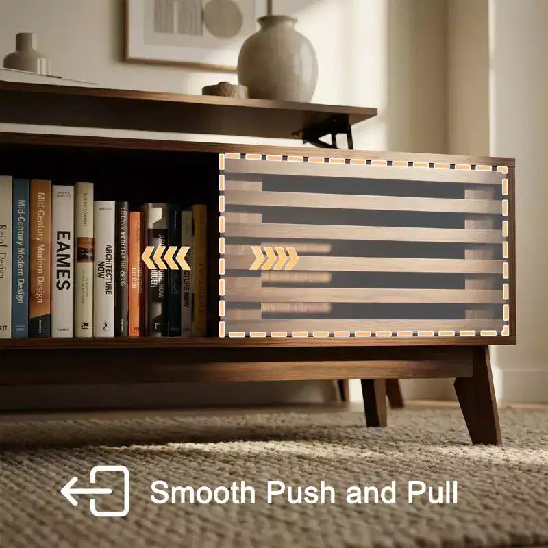GDFStudio Bogdan Modern Wooden Lift Top Coffee Table with Slatted Sliding Door and Hidden Storage