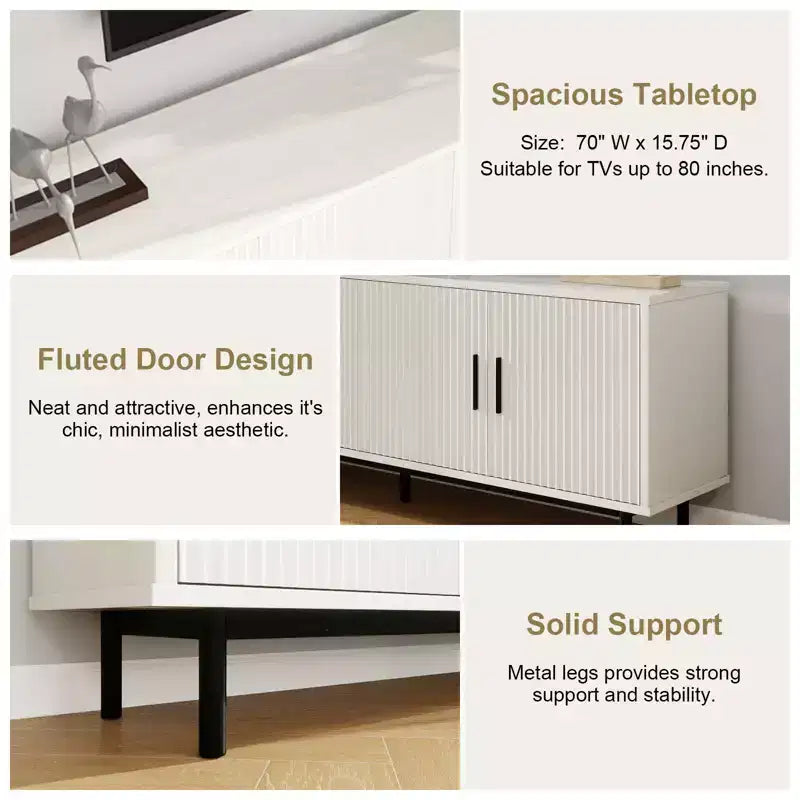 Dyonery 70 Fluted TV Stand for TVs up to 80 Inches,Entertainment Center with Storage & Adjustable Shelf,Modern TV Console for Living Room and Bedroom