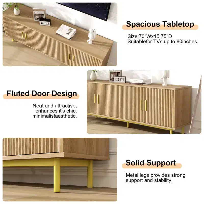 Dyonery 70 Fluted TV Stand for TVs up to 80 Inches,Entertainment Center with Storage & Adjustable Shelf,Modern TV Console for Living Room and Bedroom