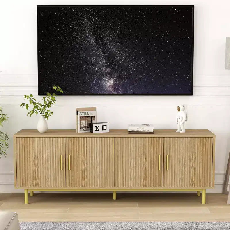 Meuble TV Dyonery 70 cannelé pour téléviseurs jusqu'à 80 pouces, centre de divertissement avec rangement et étagère réglable, console TV moderne pour salon et chambre à coucher