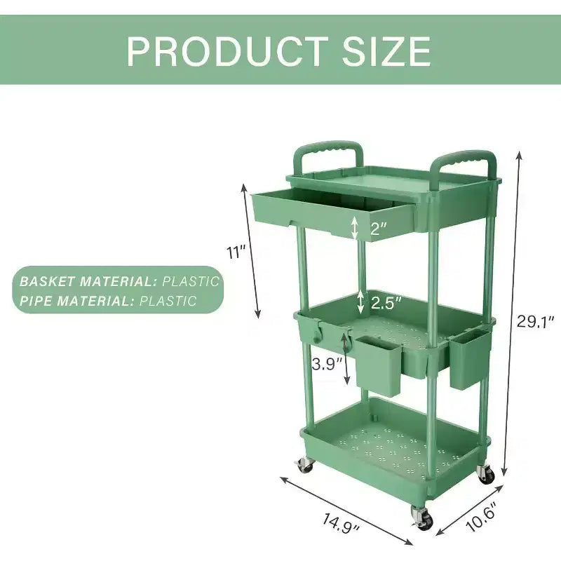 ALUCSET 3 Tier Rolling Utility Cart with Drawer, Plastic Storage Organizer Cart with Wheels, Lockable Caster for Kitchen, Bathroom, Office, Bedroom