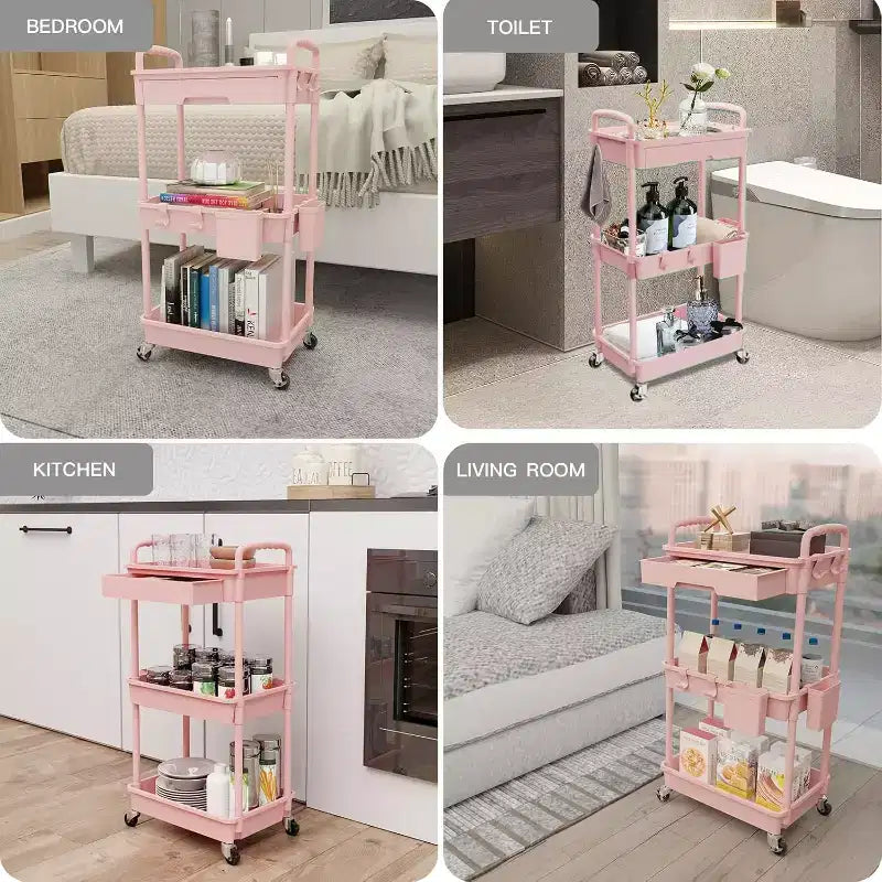ALUCSET 3 Tier Rolling Utility Cart with Drawer, Plastic Storage Organizer Cart with Wheels, Lockable Caster for Kitchen, Bathroom, Office, Bedroom