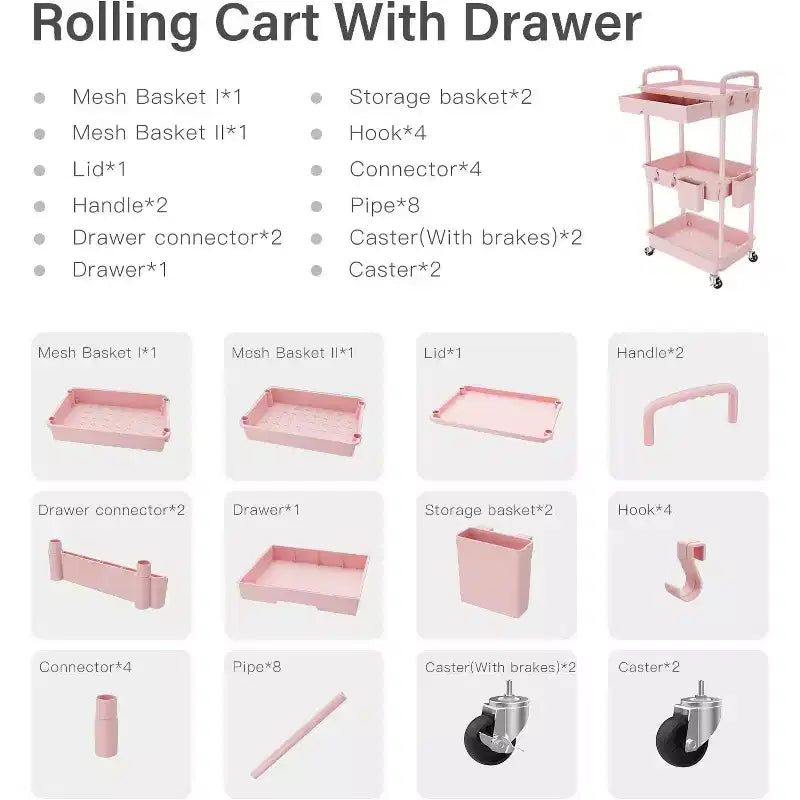 ALUCSET 3 Tier Rolling Utility Cart with Drawer, Plastic Storage Organizer Cart with Wheels, Lockable Caster for Kitchen, Bathroom, Office, Bedroom
