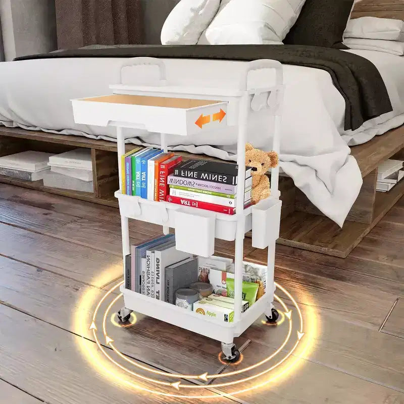 ALUCSET 3 Tier Rolling Utility Cart with Drawer, Plastic Storage Organizer Cart with Wheels, Lockable Caster for Kitchen, Bathroom, Office, Bedroom