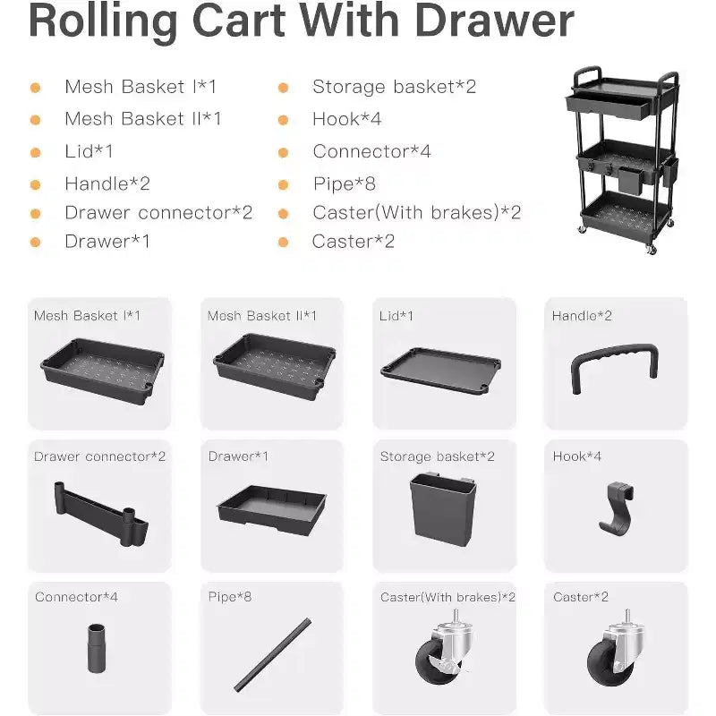 ALUCSET 3 Tier Rolling Utility Cart with Drawer, Plastic Storage Organizer Cart with Wheels, Lockable Caster for Kitchen, Bathroom, Office, Bedroom