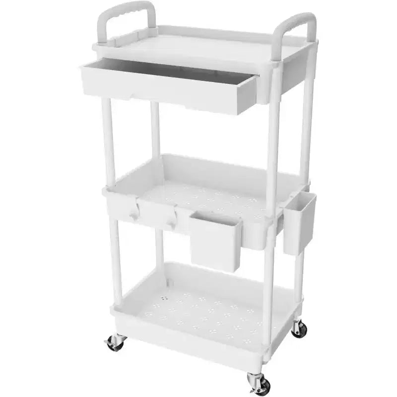 Chariot de rangement à roulettes ALUCSET à 3 niveaux avec tiroir, Chariot de rangement en plastique avec roues, Roulettes verrouillables pour Cuisine, Salle de bain, Bureau, Chambre à coucher