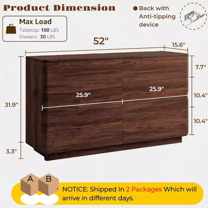 6 Drawer Dresser, Modern Wooden Chest of Drawers Chest of Drawers with Curved Profile Design, Storage Organizer Dresser for Living Room