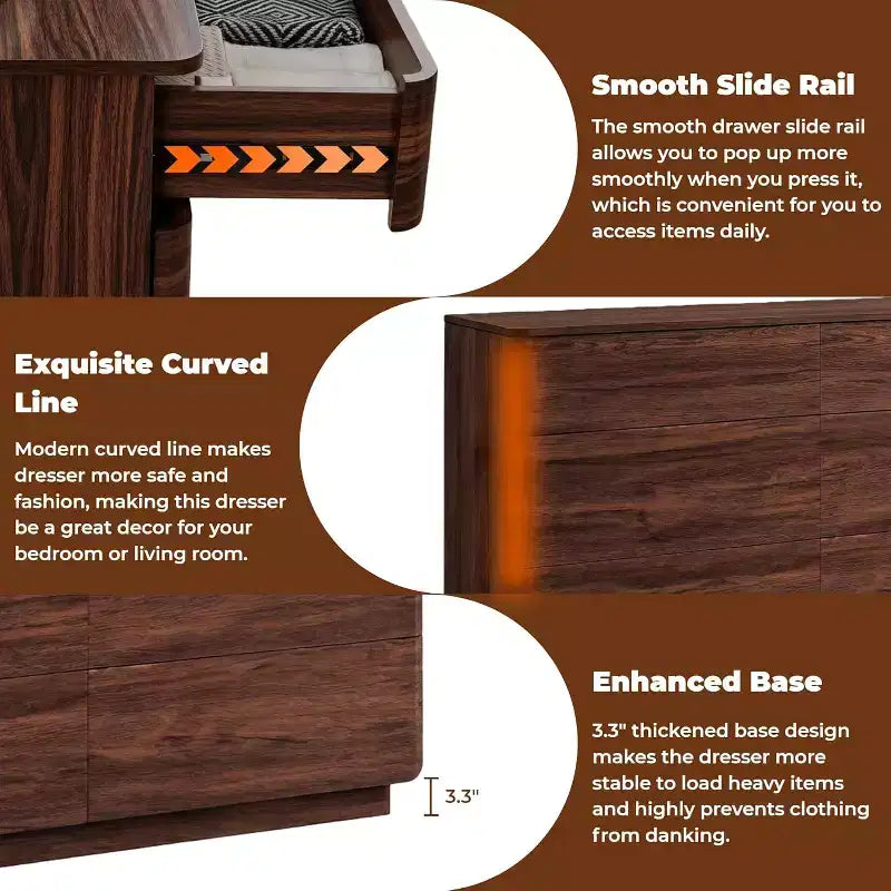 6 Drawer Dresser, Modern Wooden Chest of Drawers Chest of Drawers with Curved Profile Design, Storage Organizer Dresser for Living Room
