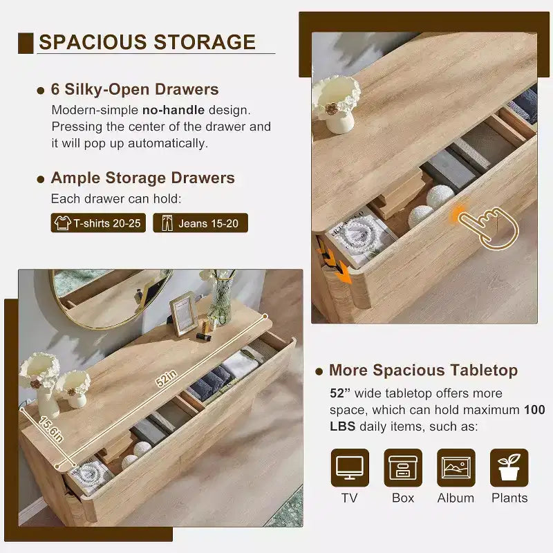 6 Drawer Dresser, Modern Wooden Chest of Drawers Chest of Drawers with Curved Profile Design, Storage Organizer Dresser for Living Room
