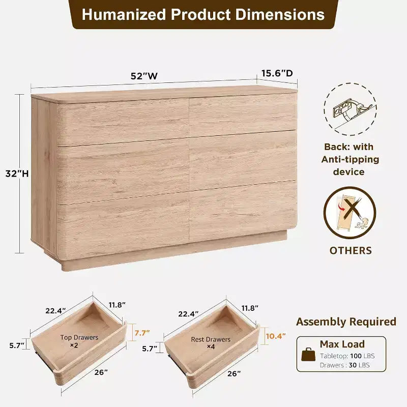 6 Drawer Dresser, Modern Wooden Chest of Drawers Chest of Drawers with Curved Profile Design, Storage Organizer Dresser for Living Room