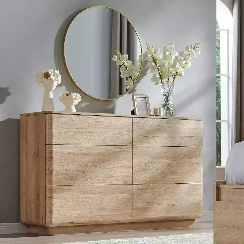 6 Drawer Dresser, Modern Wooden Chest of Drawers Chest of Drawers with Curved Profile Design, Storage Organizer Dresser for Living Room